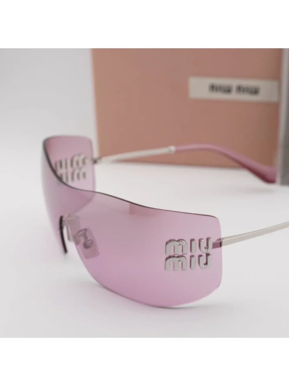 Miu Miu MUB53S 1BC70Y Shield Rimless Sunglasses – Silver / Pink